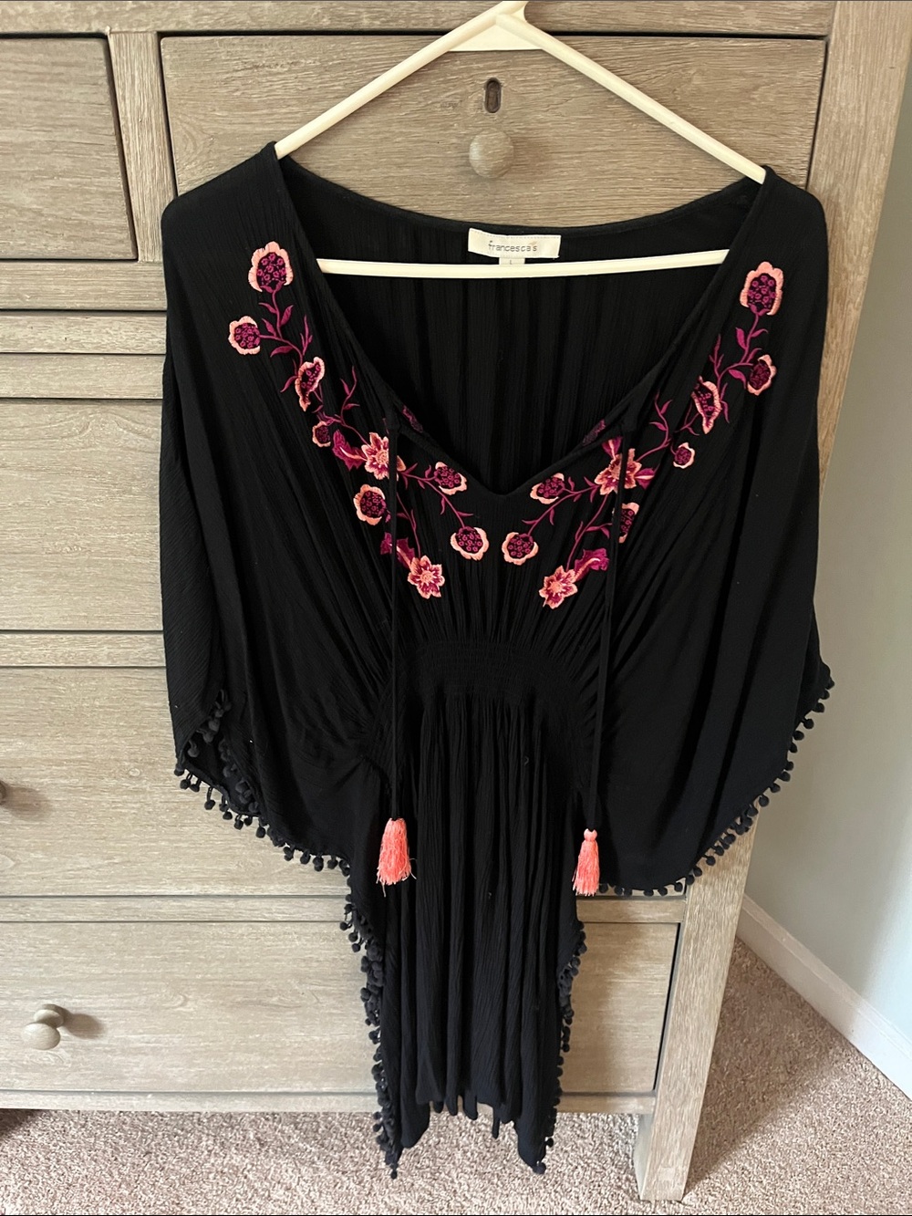 Francesca's Collections Black Swim Coverup with Pink Floral Embroidery